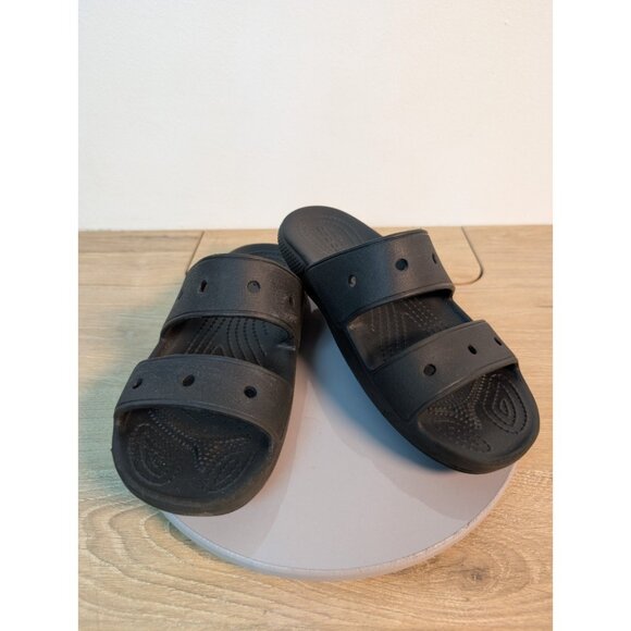 Iconic Crocs Classic Sandals Black Comfort Size 7 Women Two Straps Rubber - Picture 1 of 8